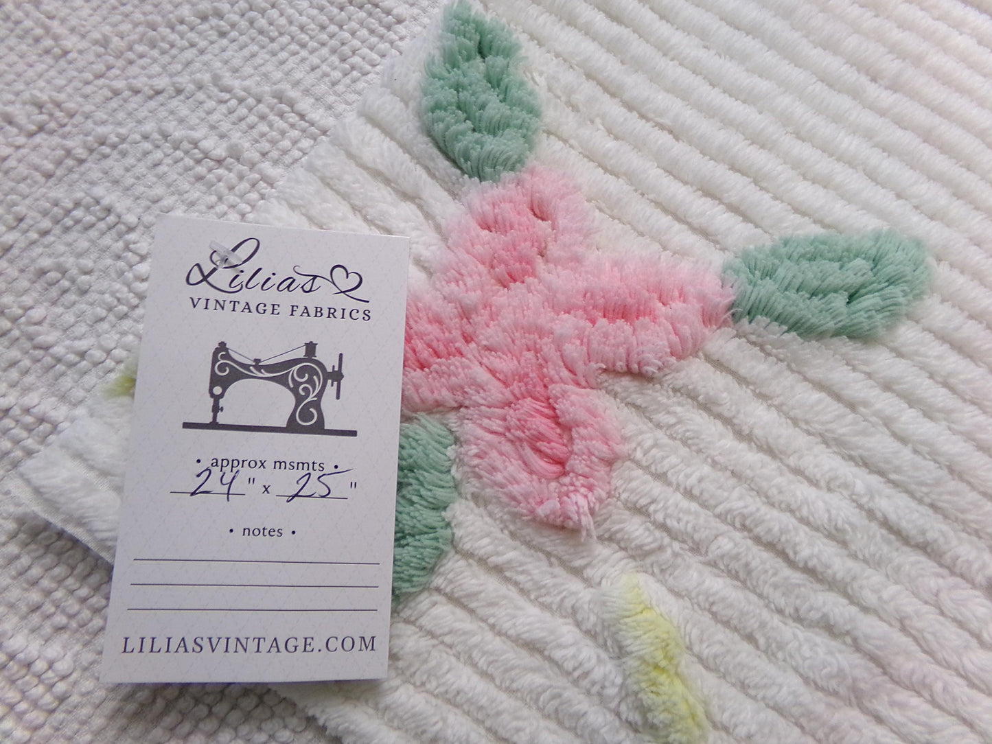 floral vintage chenille bedspread fabric, swinging roses quilt material, 25" x 24"