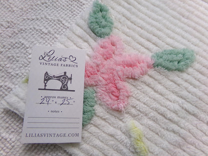 floral vintage chenille bedspread fabric, swinging roses quilt material, 25" x 24"
