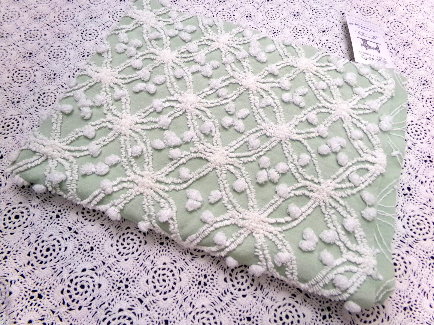 Vintage Sage Green Chenille Bedspread Fabric, Shabby Wedding Ring Pop 18x24" Quilting Material