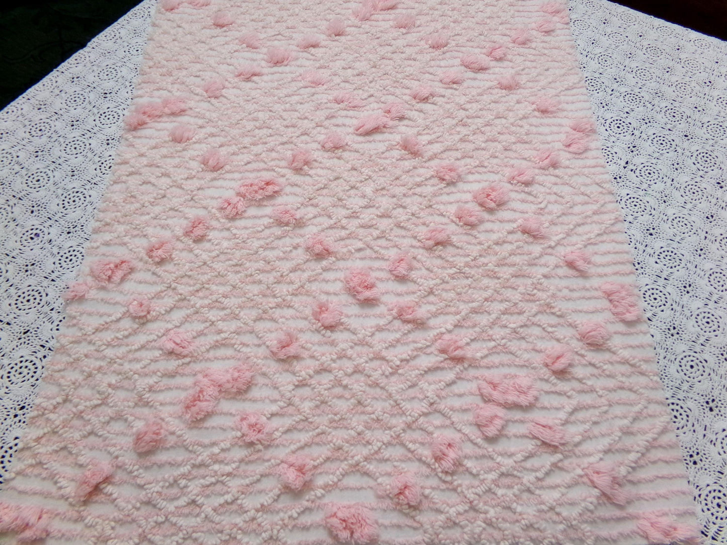 Blush Pink White Vintage Chenille Bedspread Fabric 18x24" Geometric Diamond Puffs