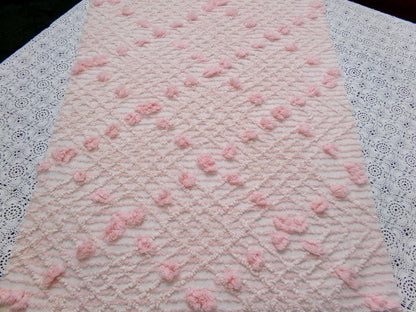 Blush Pink White Vintage Chenille Bedspread Fabric 18x24" Geometric Diamond Puffs