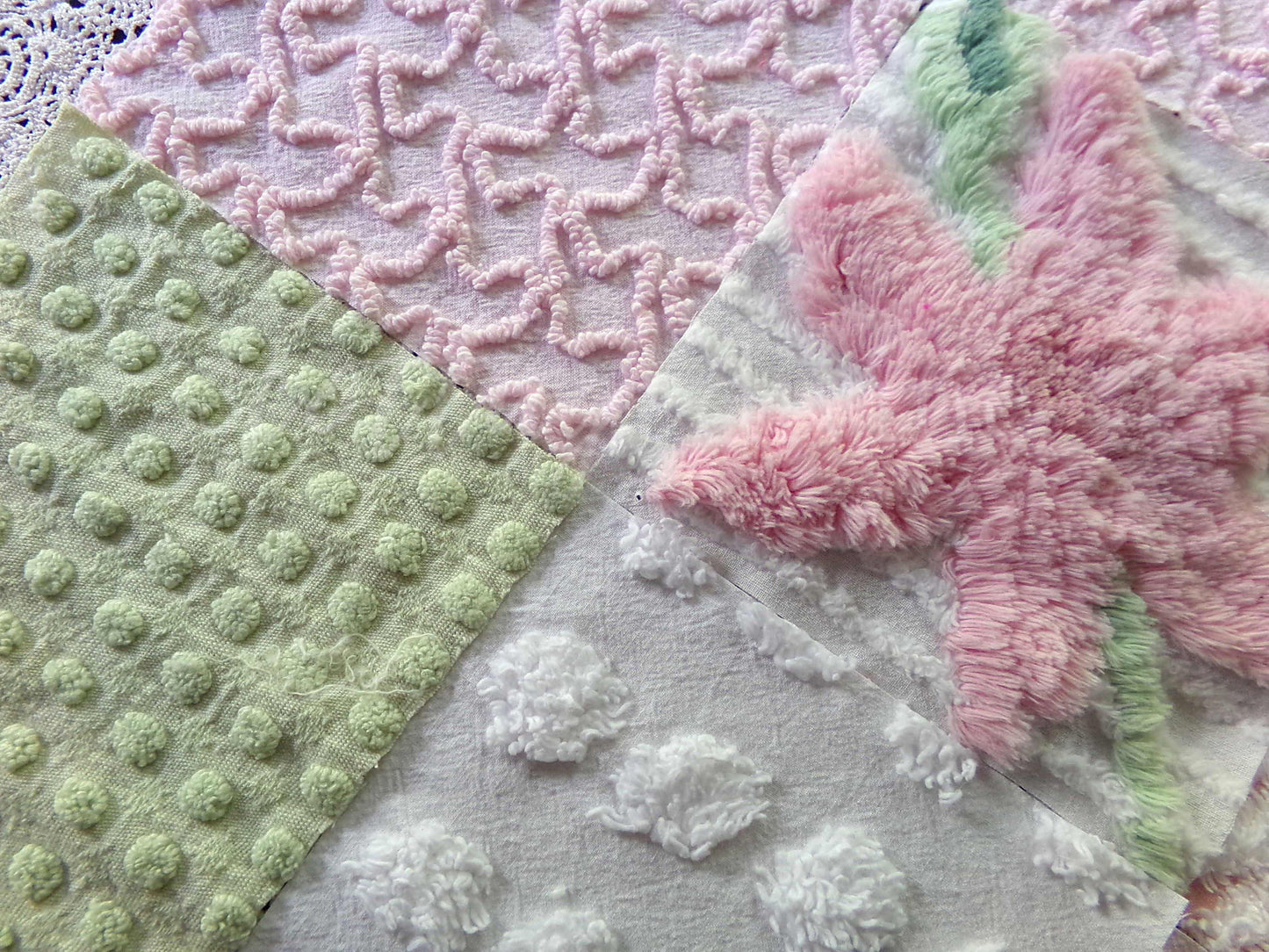 chenille 6" fabric squares, set of 16 vintage quilt blocks in joyful springtime colors of pink, green & white floral and geometric