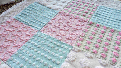 Classic Cottage Chic Chenille Fabric Squares, Set of 16 Vintage 6" Quilt Blocks, Pretty Pink Rosebud, Aqua & White