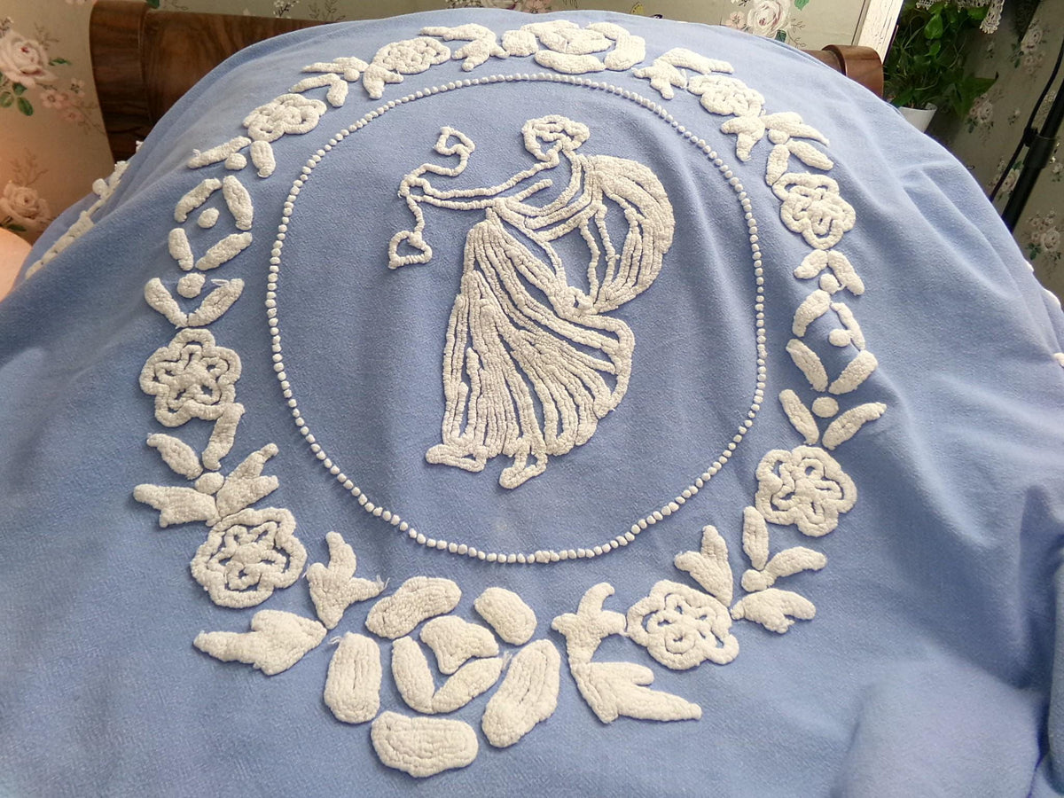 Angel Vintage Chenille Bedspread, Grecian Goddess Figure, Wedgwood Blue & White FULL