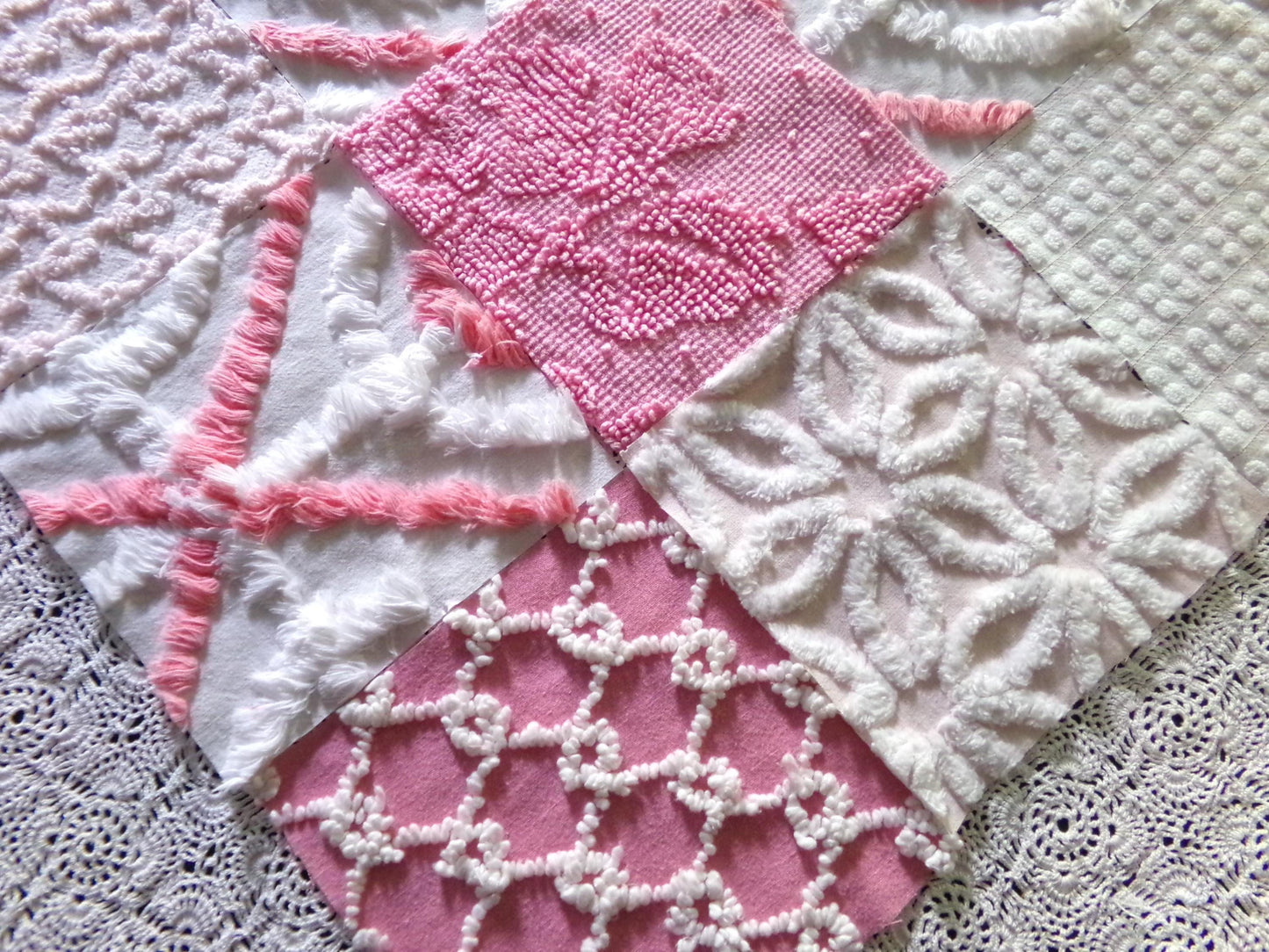 cottage pink & white chenille fabric squares, 16 pretty vintage 6" quilt blocks in girly colors, daisies, dots, squiggle textures