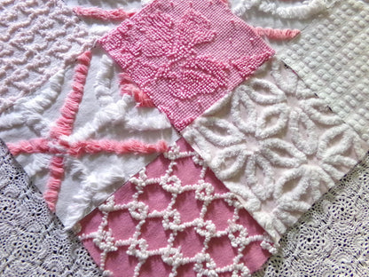 cottage pink & white chenille fabric squares, 16 pretty vintage 6" quilt blocks in girly colors, daisies, dots, squiggle textures