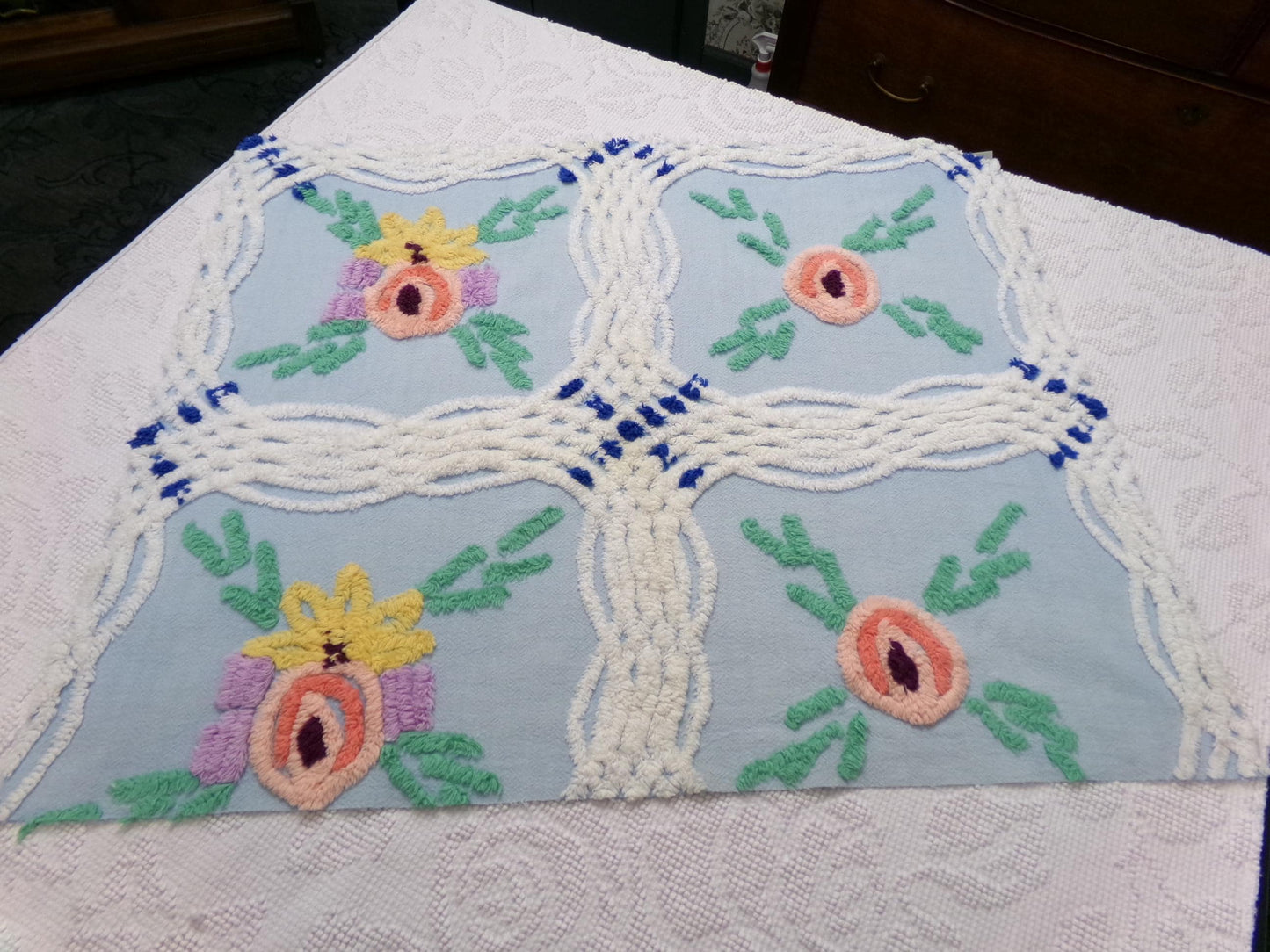 Vintage Blue Floral Chenille Bedspread Fabric, coastal chic sewing material, 21" x 25"