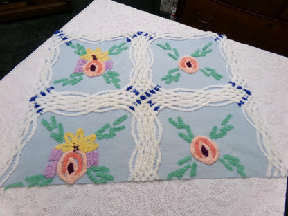 Vintage Blue Floral Chenille Bedspread Fabric, coastal chic sewing material, 21" x 25"