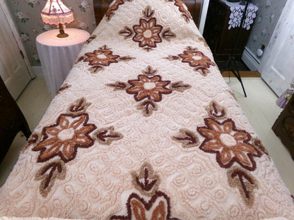 hazelnut coffee floral vintage chenille bedspread, full size luxury bedding with an integrated skirt, boxed & fitted design, boho retreat