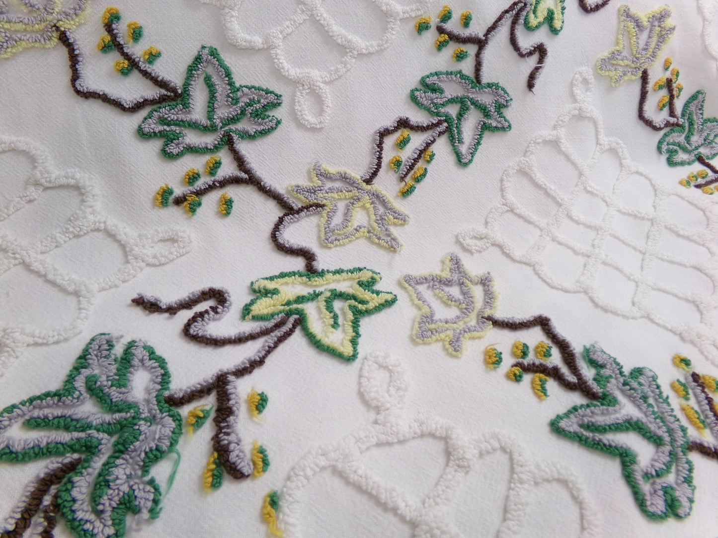 rambling ivy vintage chenille fabric, 21" x 24" irregular cut piece, unique tufted leaf design on antique white, great in pillows, quilts