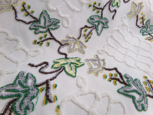 rambling ivy vintage chenille fabric, 21" x 24" irregular cut piece, unique tufted leaf design on antique white, great in pillows, quilts