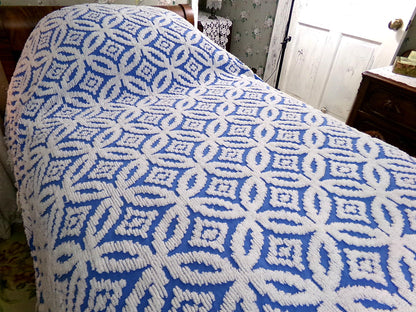coastal cottage blue vintage chenille bedspread, cobalt & white geometric design, 100% cotton twin size summer coverlet with fringe
