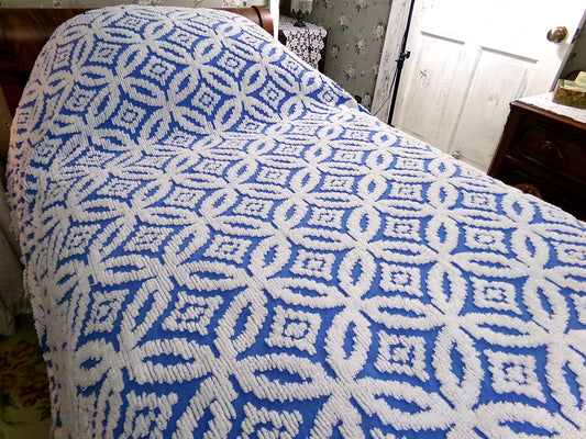 coastal cottage blue vintage chenille bedspread, cobalt & white geometric design, 100% cotton twin size summer coverlet with fringe