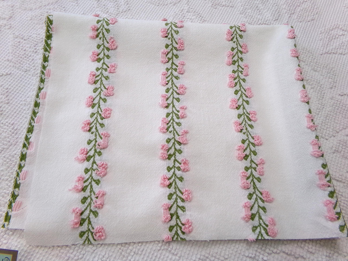 Vintage Rosebud Chenille Fabric, Pink Ivy Rose Design, 18" x 24" Piece of Lightweight Cotton Sewing & Quilting Material