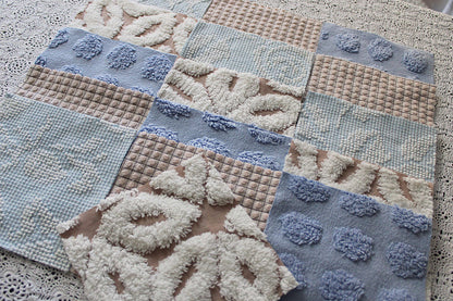 sky & sand vintage chenille fabric squares, set of 16 quilt blocks 6" each, modern dot, hobnail, geometric in blue, white, sand