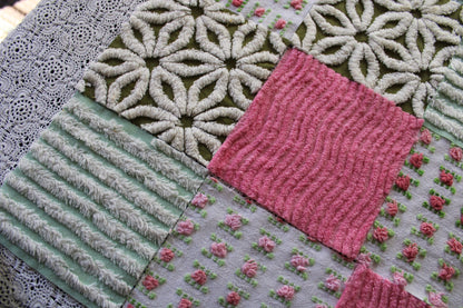 boho daisy rose vintage 6" chenille fabric squares, set of 16 textured quilt blocks in olive green, rosy pinks & white for sewing, crafts