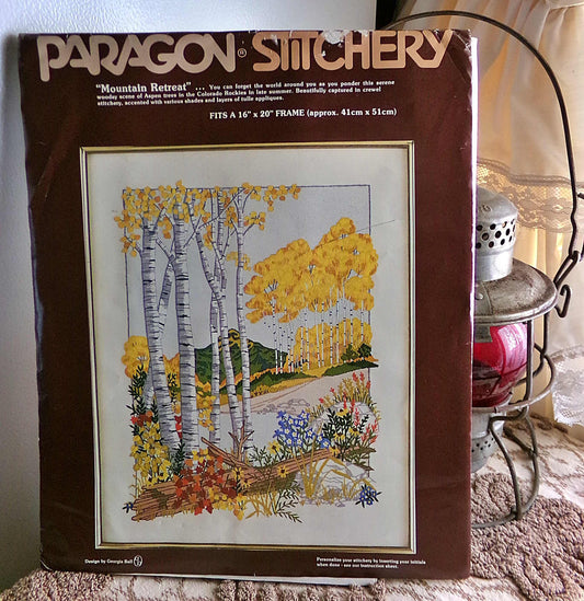 Peaceful MOUNTAIN RETREAT Vintage Paragon Stitchery Kit, Colorado Rockies Woodsy Nature Crewel Embroidery #0506, Design by Georgia Ball