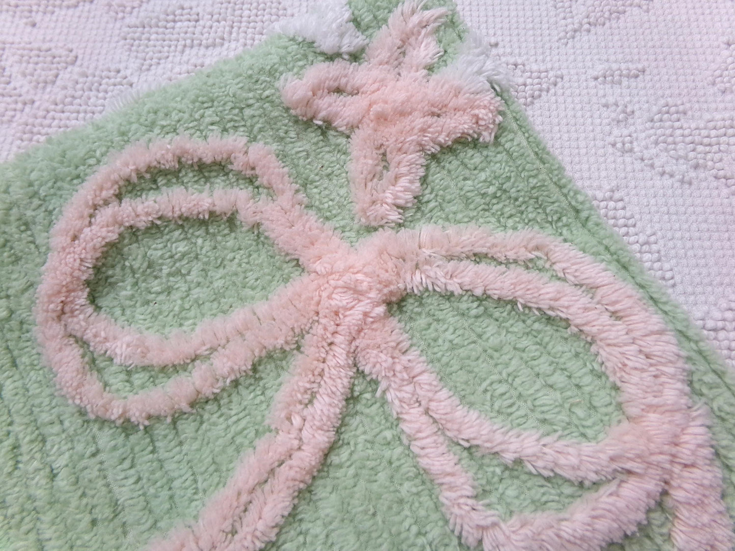 Peaceful Mint Green Vintage Chenille Fabric Pink Bow Star Lily, 19" x 18"