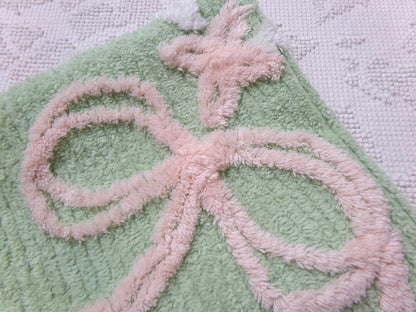 Peaceful Mint Green Vintage Chenille Fabric Pink Bow Star Lily, 19" x 18"