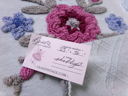Ice Blue Vintage Chenille Fabric Double Tufted Rose Medallion Floral Lattice 23x36"