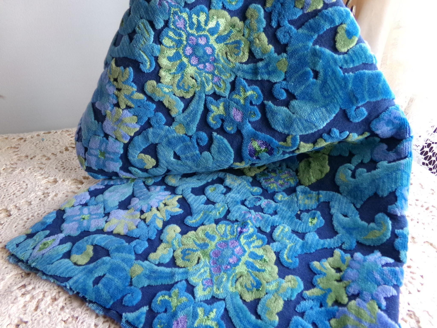 midnight blue vintage cut velvet fabric, cosmic Bates tapestry chenille, 20" x 22" inch piece, sewing material for boho bags