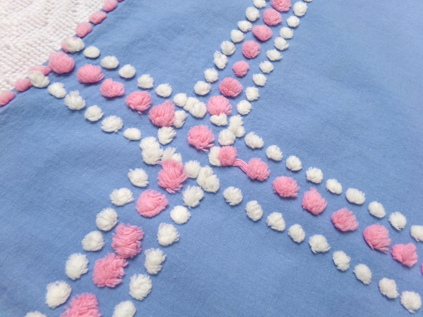 sunbonnet girl vintage chenille bedspread fabric, pink & blue sewing material, 17" x 29"