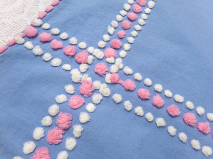 sunbonnet girl vintage chenille bedspread fabric, pink & blue sewing material, 17" x 29"