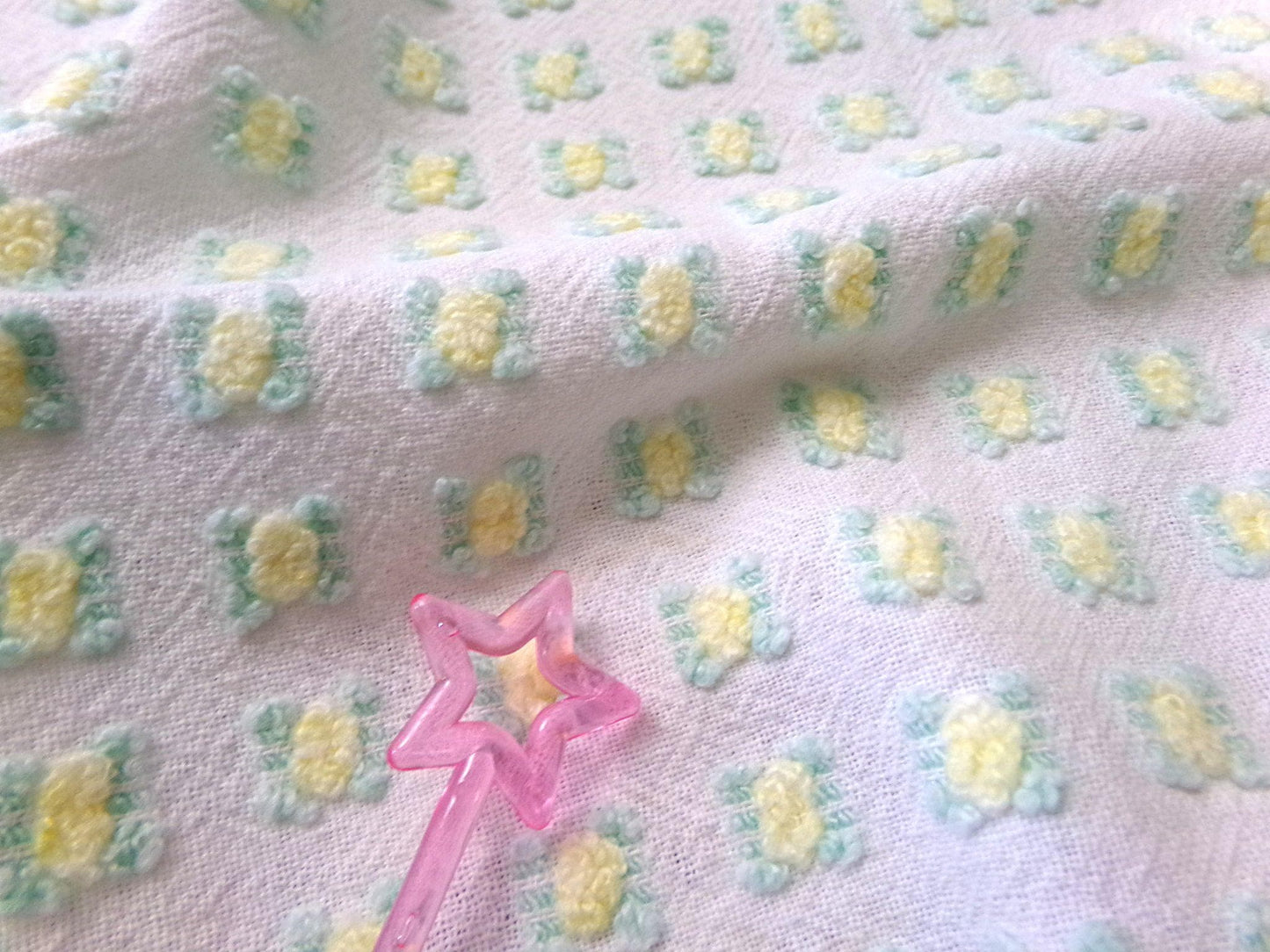 tiny tuft yellow rosebud vintage chenille fabric, textured mini rose design, 18" x 21.5" piece quilt material