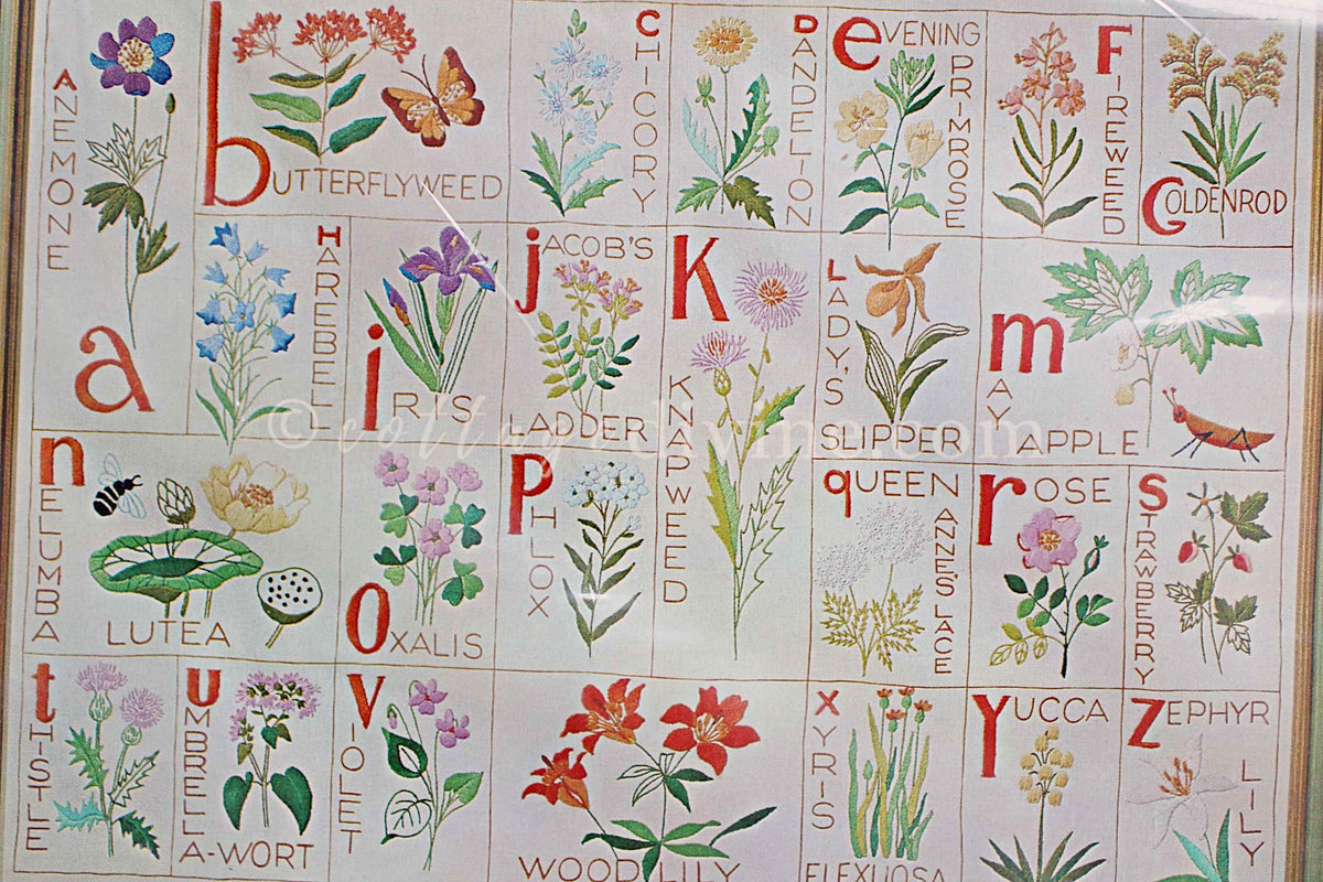 WILDFLOWER ALPHABET SAMPLER Crewel Stitchery Kit Vintage Paragon 0955 Embroidery