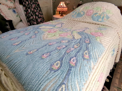 Pastel Peacock Vintage Chenille Bedspread, Boho Creamy Cotton Full Size