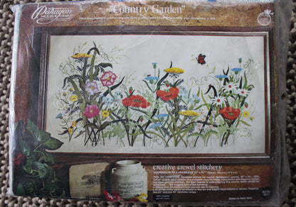 COUNTRY GARDEN Crewel Stitchery Kit, Vintage 0511 Paragon Embroidery Boho Meadow Scene Wall Hanging