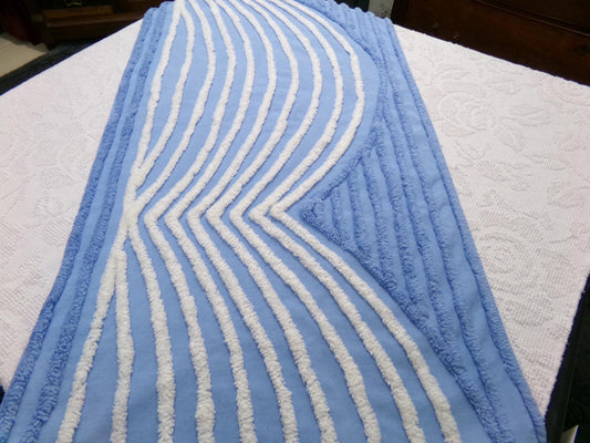 Vintage Chenille Fabric Piece, White Waves on Blue, 18" x 33" Sewing Material