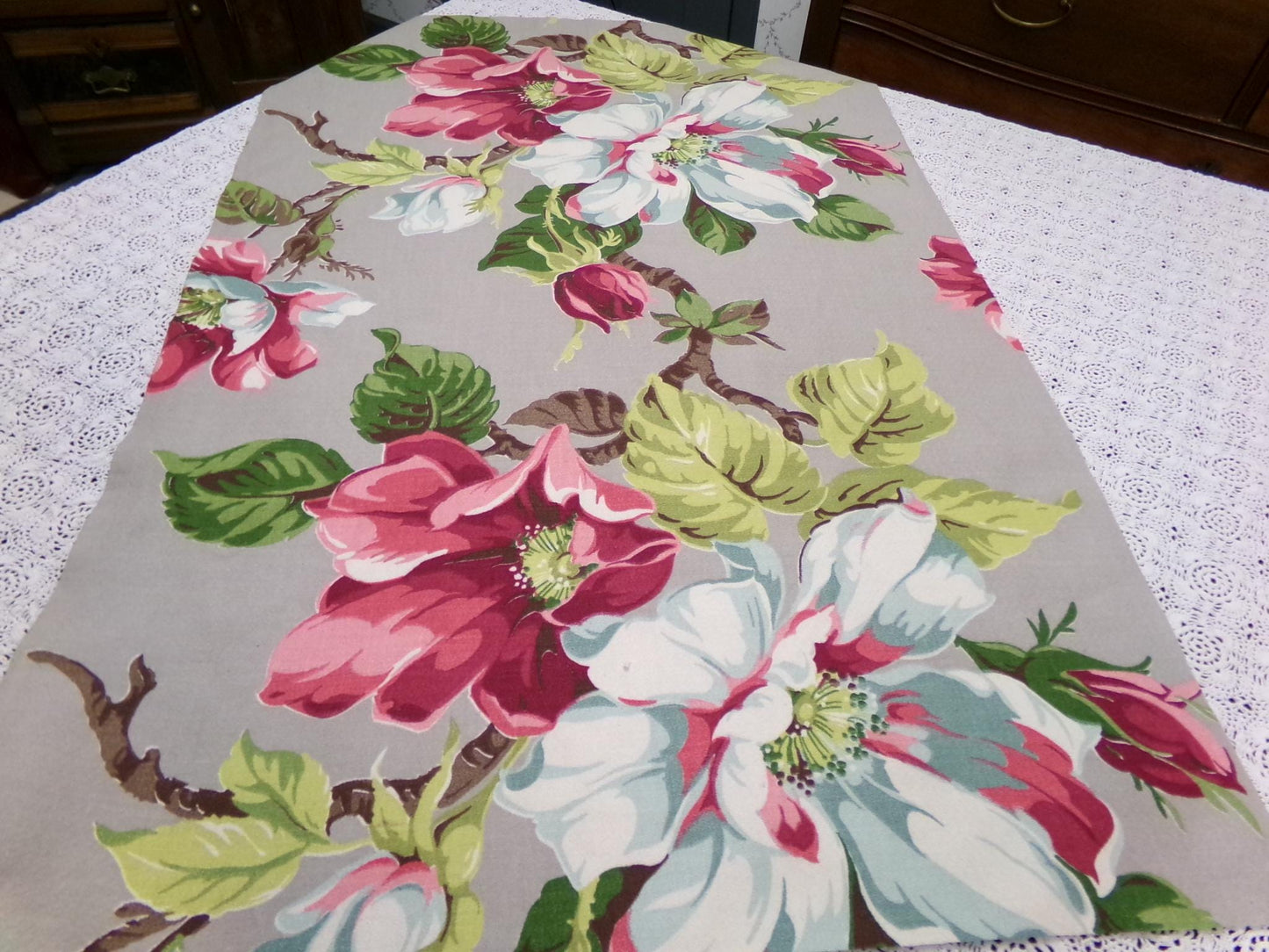 Vintage Barkcloth Fabric 1940s Pink Aqua Magnolia Floral Gray Mid-Century, 21" x 33"