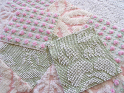 flower nymph chenille fabric squares, pink rosebuds, white daisy, sage green, 16 vintage 6" x 6" quilt squares for sewing & crafts