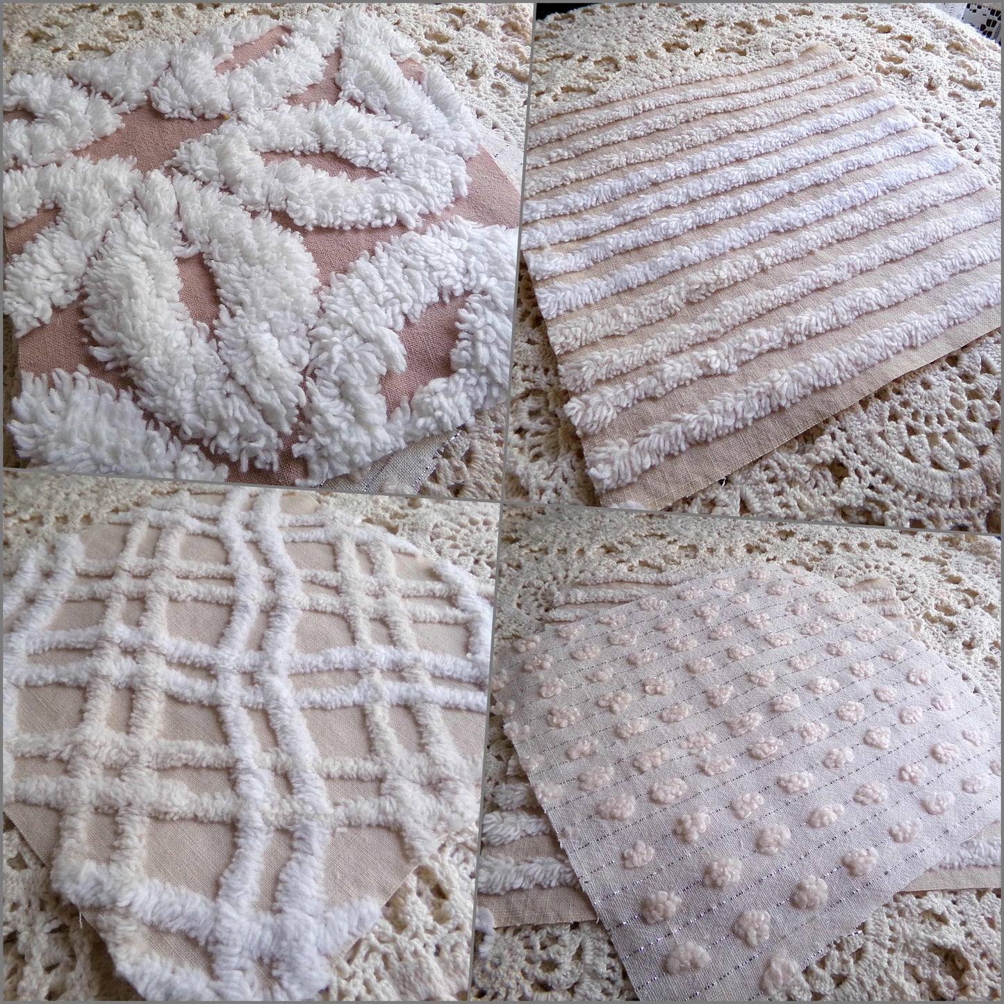 Neutral Modern Chenille Quilt Squares Set from Vintage Bedspread Fabric, 16 Blocks 6" x 6" inch, Daisy, Wavy Honeycomb, Stripe, Dot Patterns