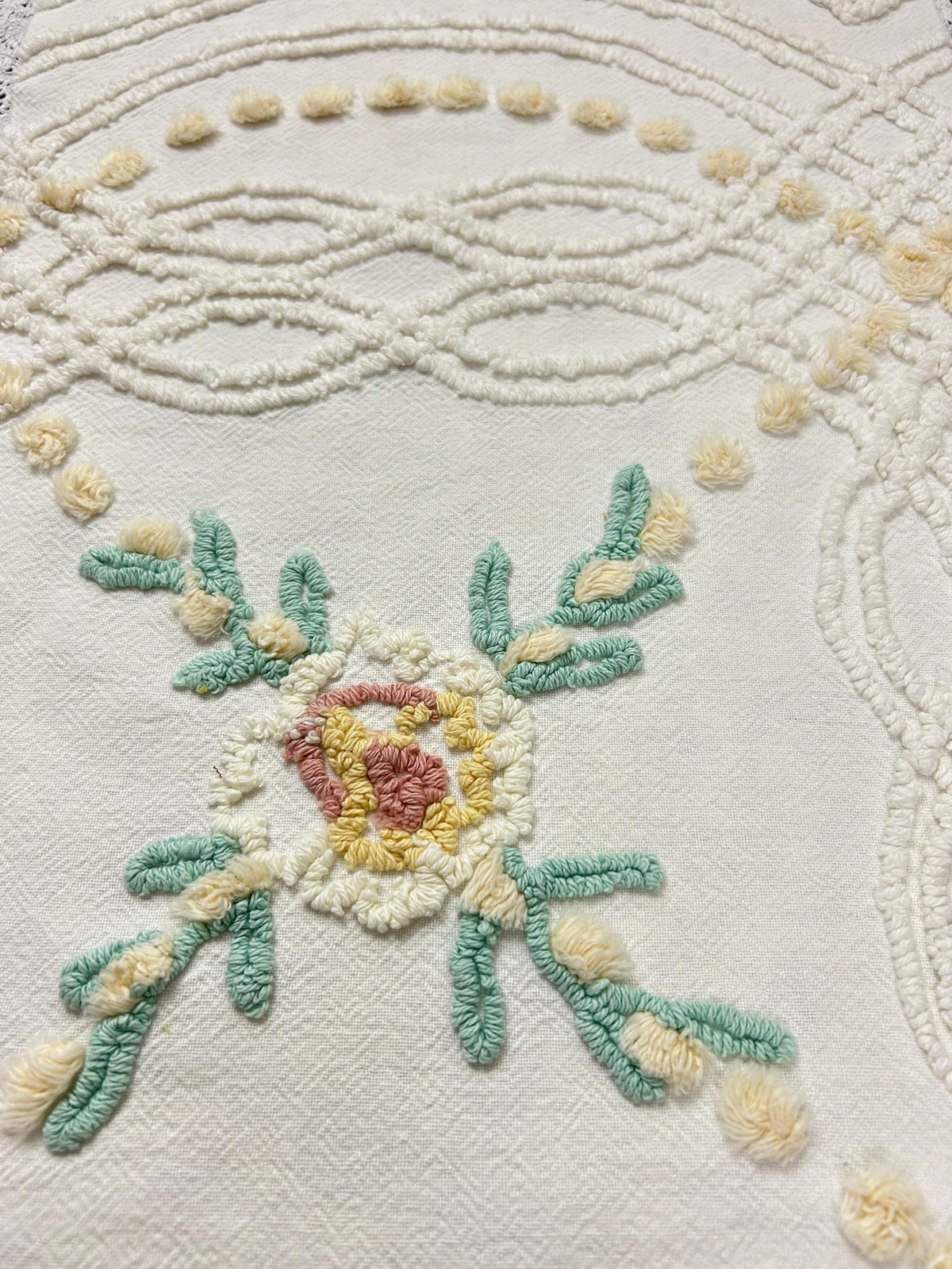 Vintage Rose Chenille Fabric, Cottage Chic 12x18" Cream Floral Sewing Textile