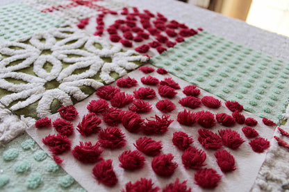 country Christmas chenille fabric squares, classic old-fashioned holiday red, green, white, set of 16 vintage quilt blocks 6" x 6" inch