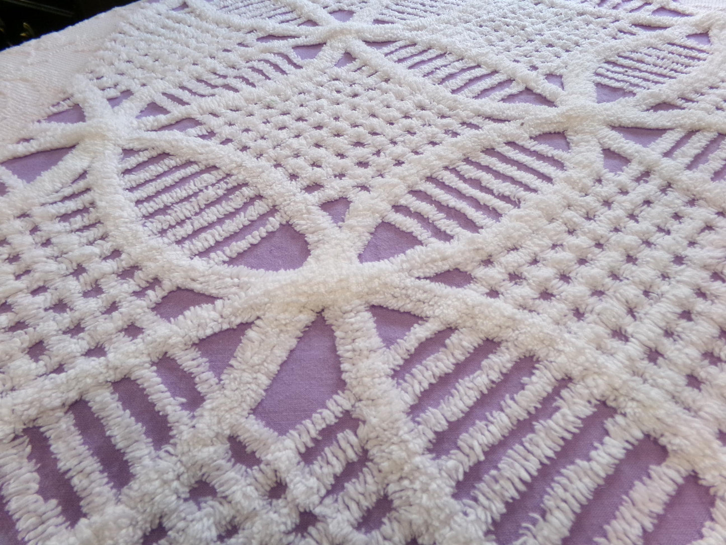 Spring Lavender Vintage Chenille Fabric, white geometric design, sewing craft quilt material, 22" x 25" piece