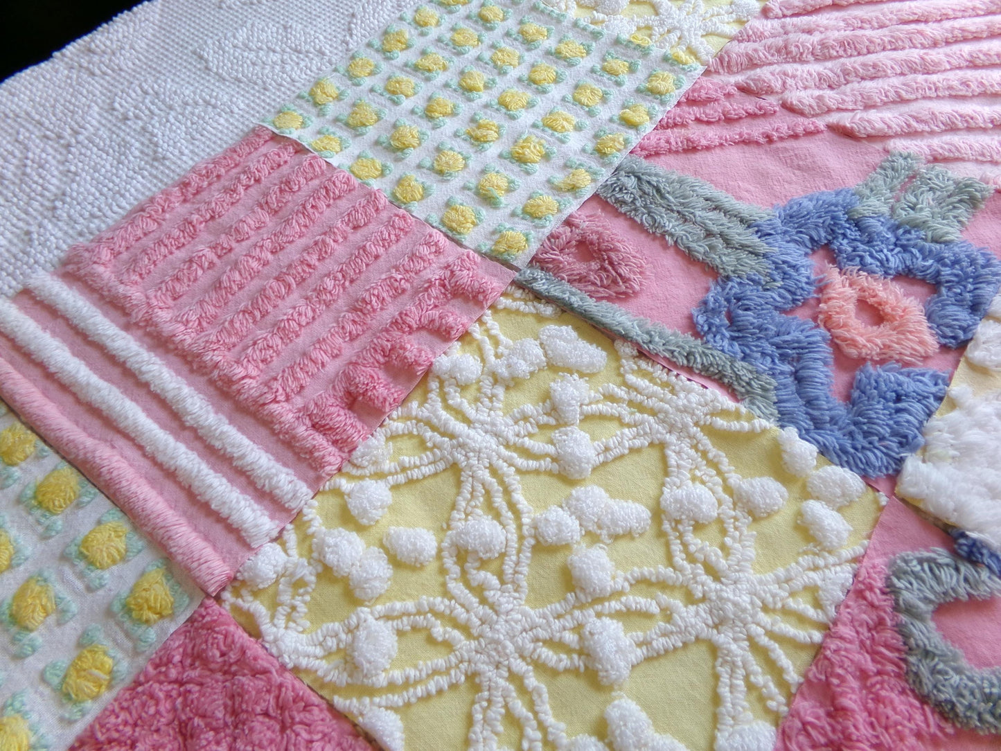 vintage chenille fabric squares, "buttercup baby" set of 16 floral 6" quilt blocks in colorful pink & yellow, for quilting, crafts, sewing