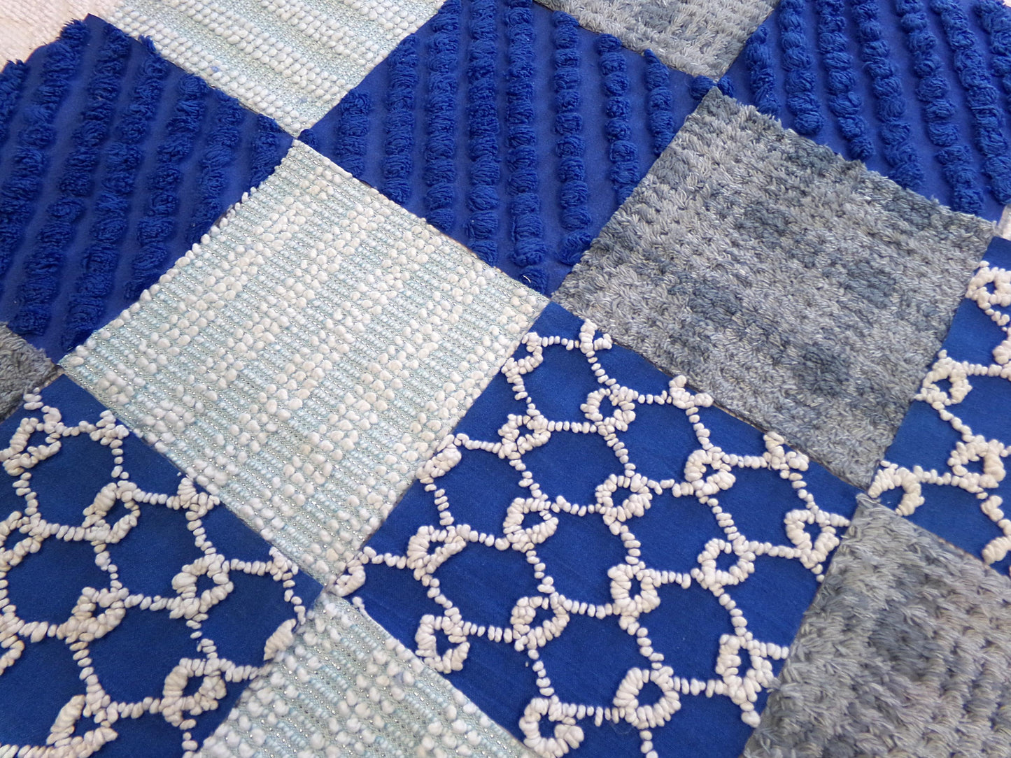 Vintage Chenille Fabric Squares - Set of 16 - Sporty Grey, White & Blue - 6" Quilt Blocks