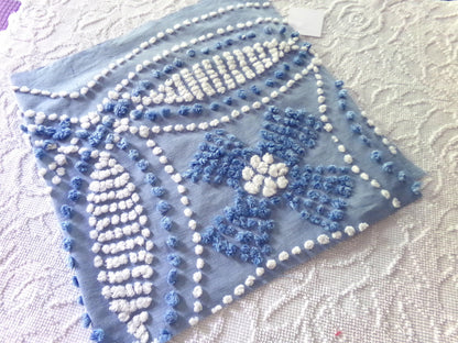 Shabby Beach Chic Vintage Chenille Fabric, Handmade Candlewick Blue & White Bow Design, 18" x 36" cut piece of cotton sewing material
