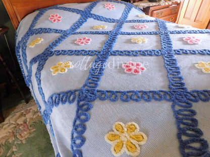 Rare Vintage Chenille Bedspread by IDEAL SPREAD Company, Canada Made Blue Wedding Cake Floral Design, Full Size