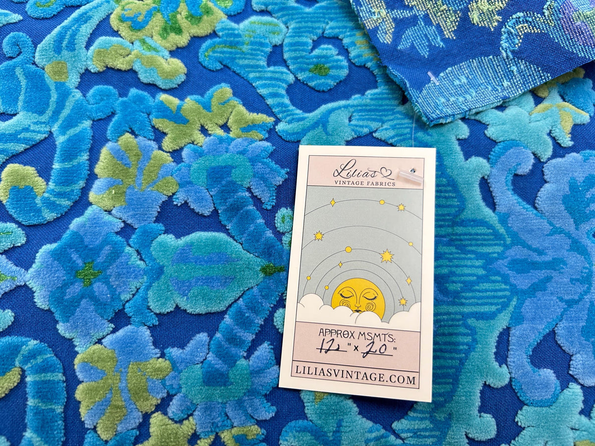 Electric Blue Vintage Cut Velvet Fabric, Mystic Bates Tapestry Chenille, 12x20"