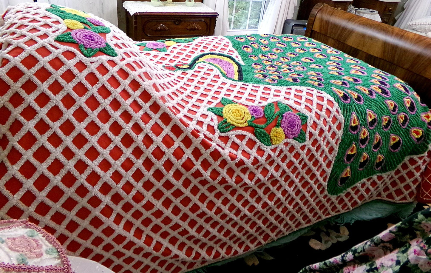 Vintage Chenille Bedspread Sprawling Red Peacock, Green Feathers & White Lattice, Full