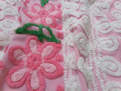 Peeking Pink Flowers Vintage Chenille Bedspread Fabric, 15" x 26" piece
