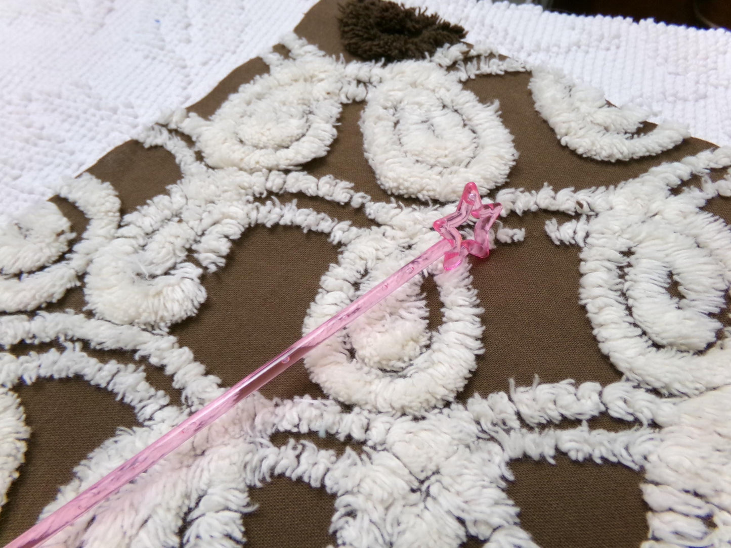 Chocolate Brown Vintage Chenille Bedspread Fabric, cherry red flowers & white swirls sewing material, 20" x 24"