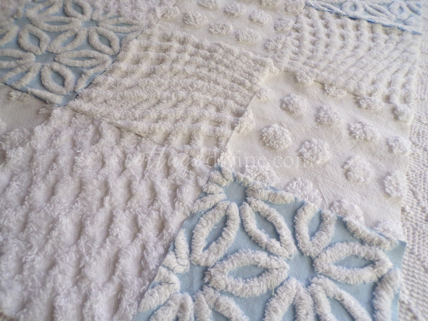 16 vintage chenille fabric squares: breezy blue & white 6" quilt blocks