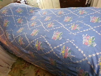 shabby cottage style vintage woven bedspread, fieldcrest blue floral twin coverlet