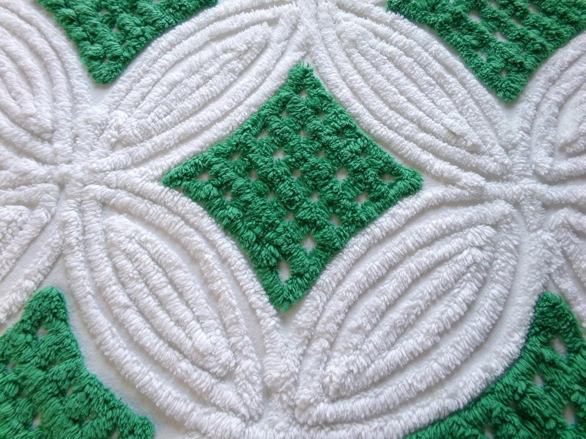 Vintage Chenille Bedspread Fabric, Preppy Kelly Green White Geometric, 20x23"