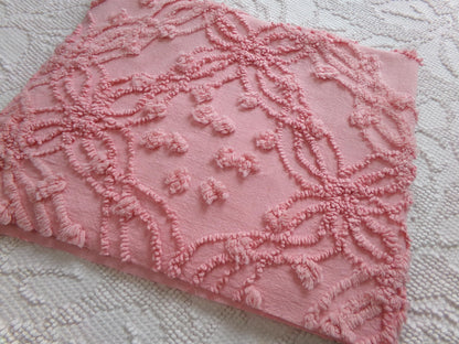 bubblegum pink vintage chenille bedspread fabric, geometric design, 18" x 24"